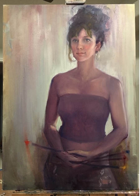 Life-size portrait of the Artist in her studio 