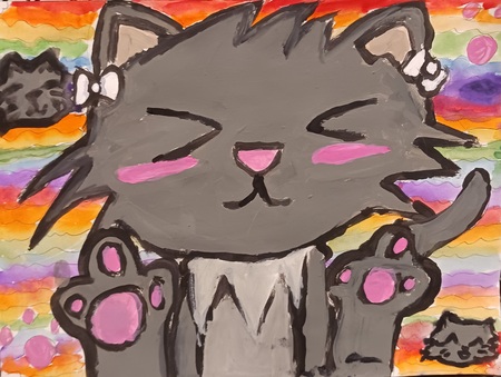 🌈Gray cat behind a rainbow background!!:3!:3